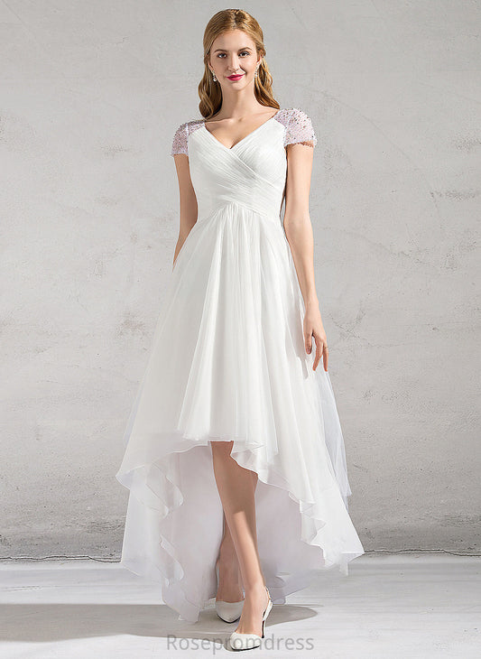 Beading Ruffle With V-neck Dress Asymmetrical A-Line Wedding Tulle Julianne Sequins Wedding Dresses