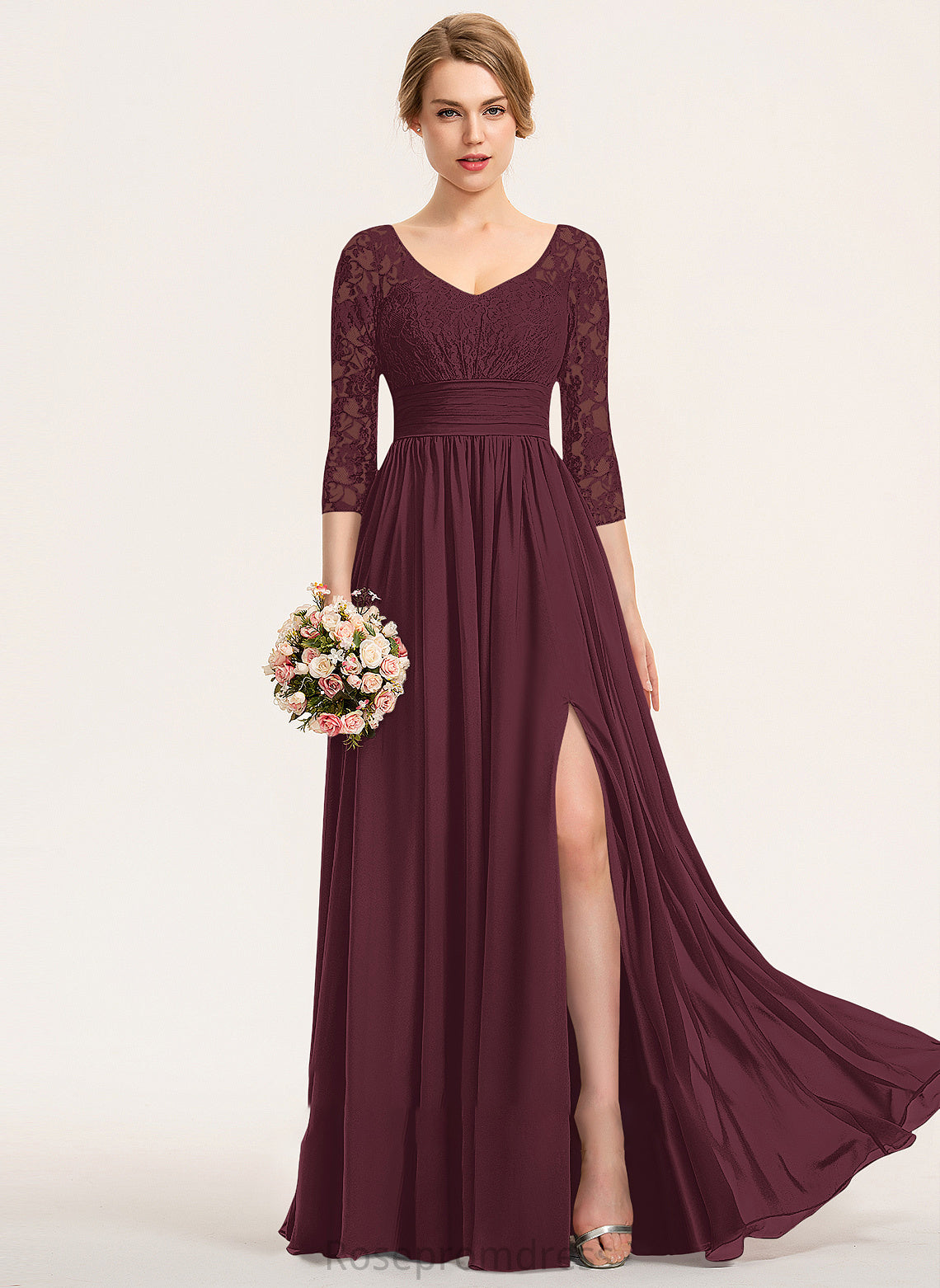 V-neck Length Neckline Silhouette Embellishment Fabric Ruffle SplitFront Floor-Length A-Line Ana A-Line/Princess Bridesmaid Dresses