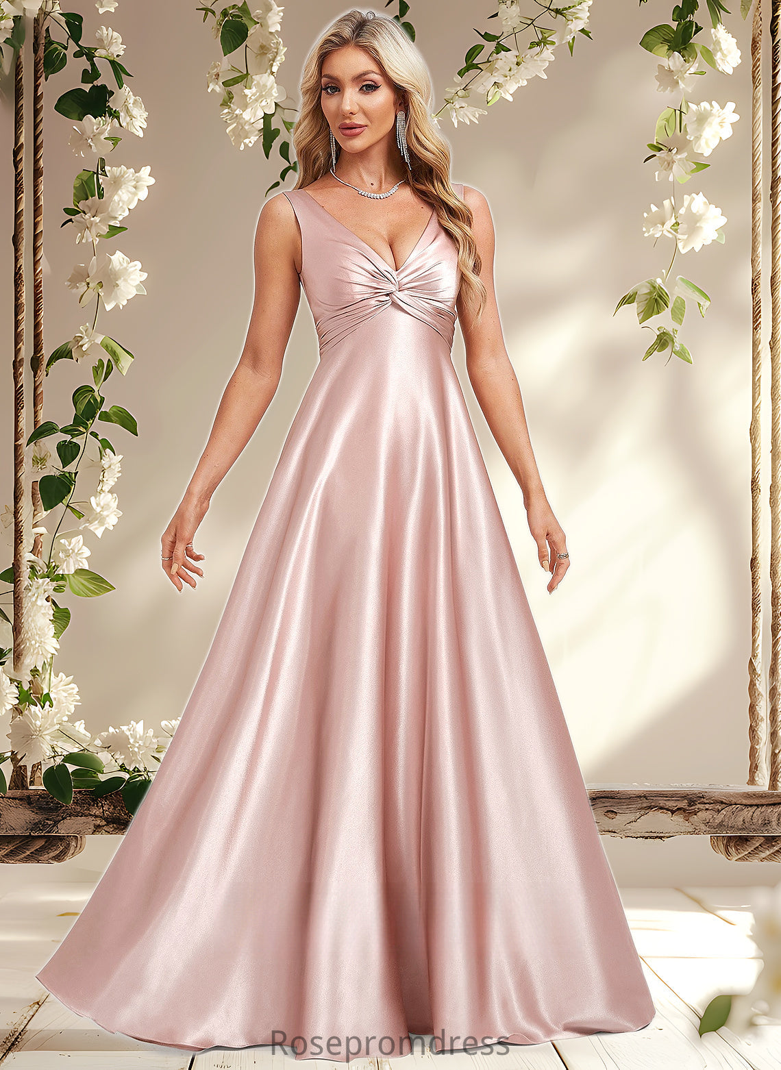 Nina A-line V-Neck Floor-Length Stretch Satin Bridesmaid Dress DSP0025779