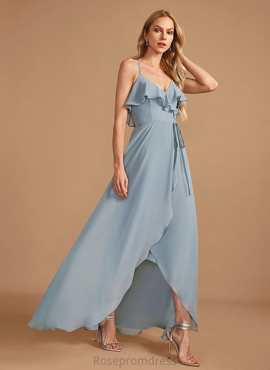 Fabric Embellishment Silhouette Asymmetrical A-Line V-neck Ruffle Length Neckline Aleena Scoop Sleeveless Bridesmaid Dresses