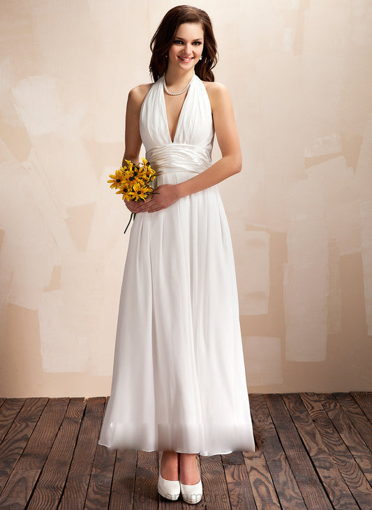 Ankle-Length Halter Chiffon Dress Wedding Dresses A-Line Wedding With Bow(s) Novia Ruffle