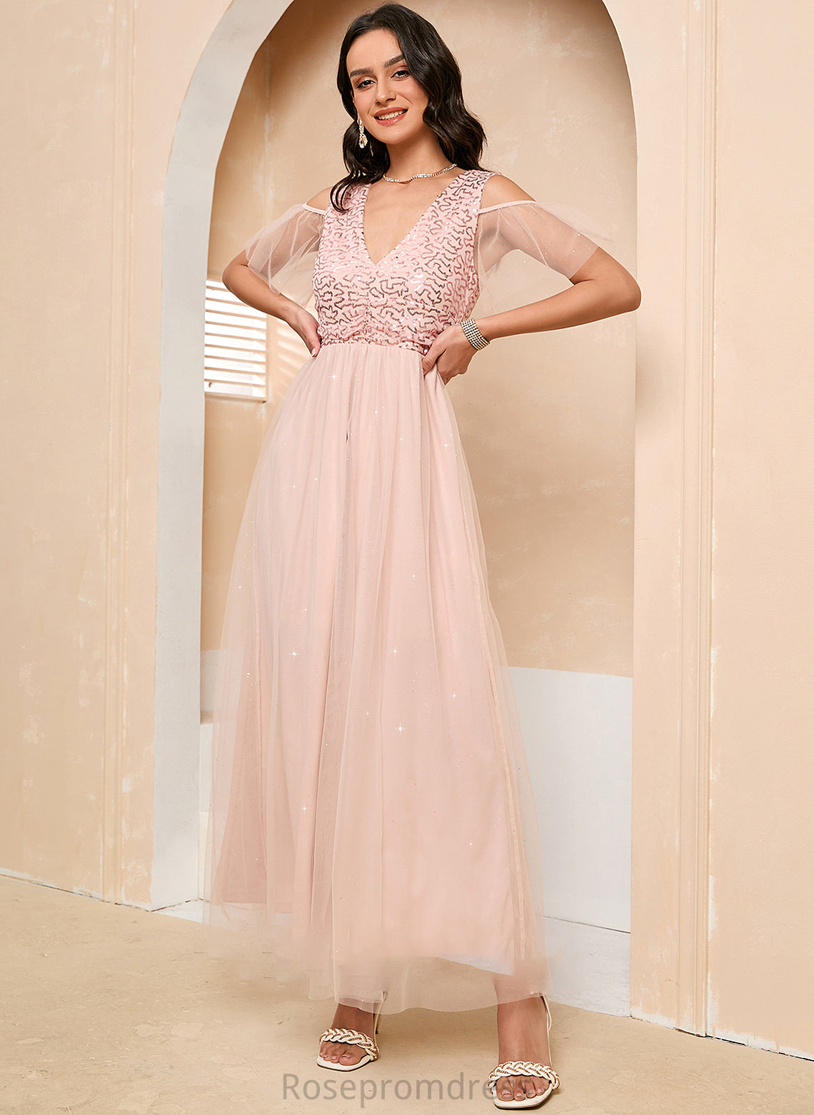 Silhouette V-neck Length Straps Tulle Neckline Fabric A-Line Ankle-Length Kassidy One Shoulder Floor Length Bridesmaid Dresses