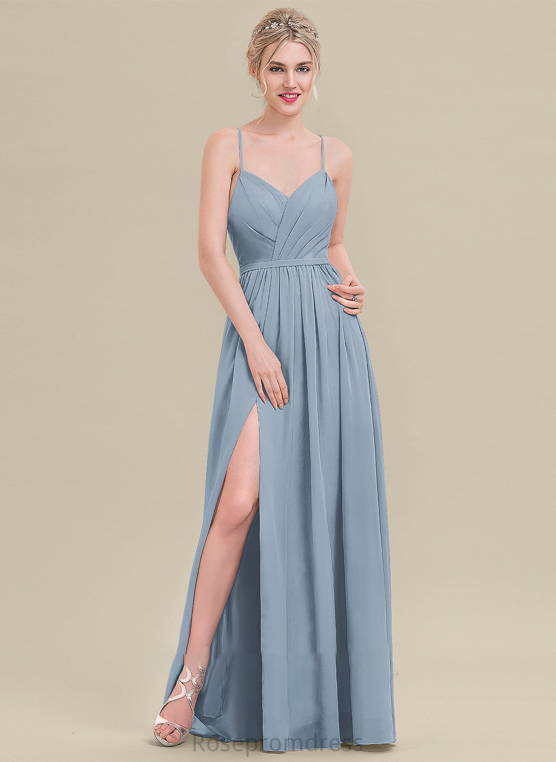 Sweetheart Ruffle A-Line Length Embellishment SplitFront Floor-Length Fabric Neckline Silhouette Abbie Straps Bridesmaid Dresses
