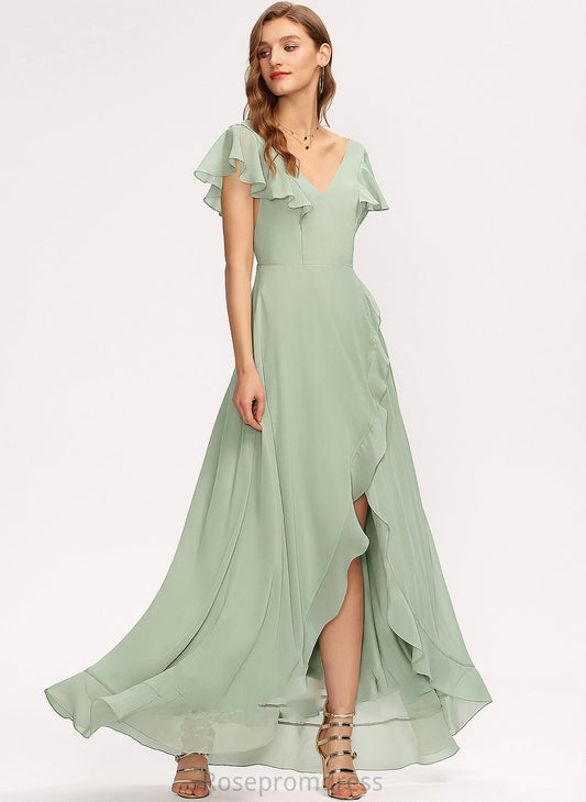 V-neck Embellishment Length Neckline Fabric CascadingRuffles A-Line Asymmetrical Silhouette Ella Spaghetti Staps Floor Length Bridesmaid Dresses
