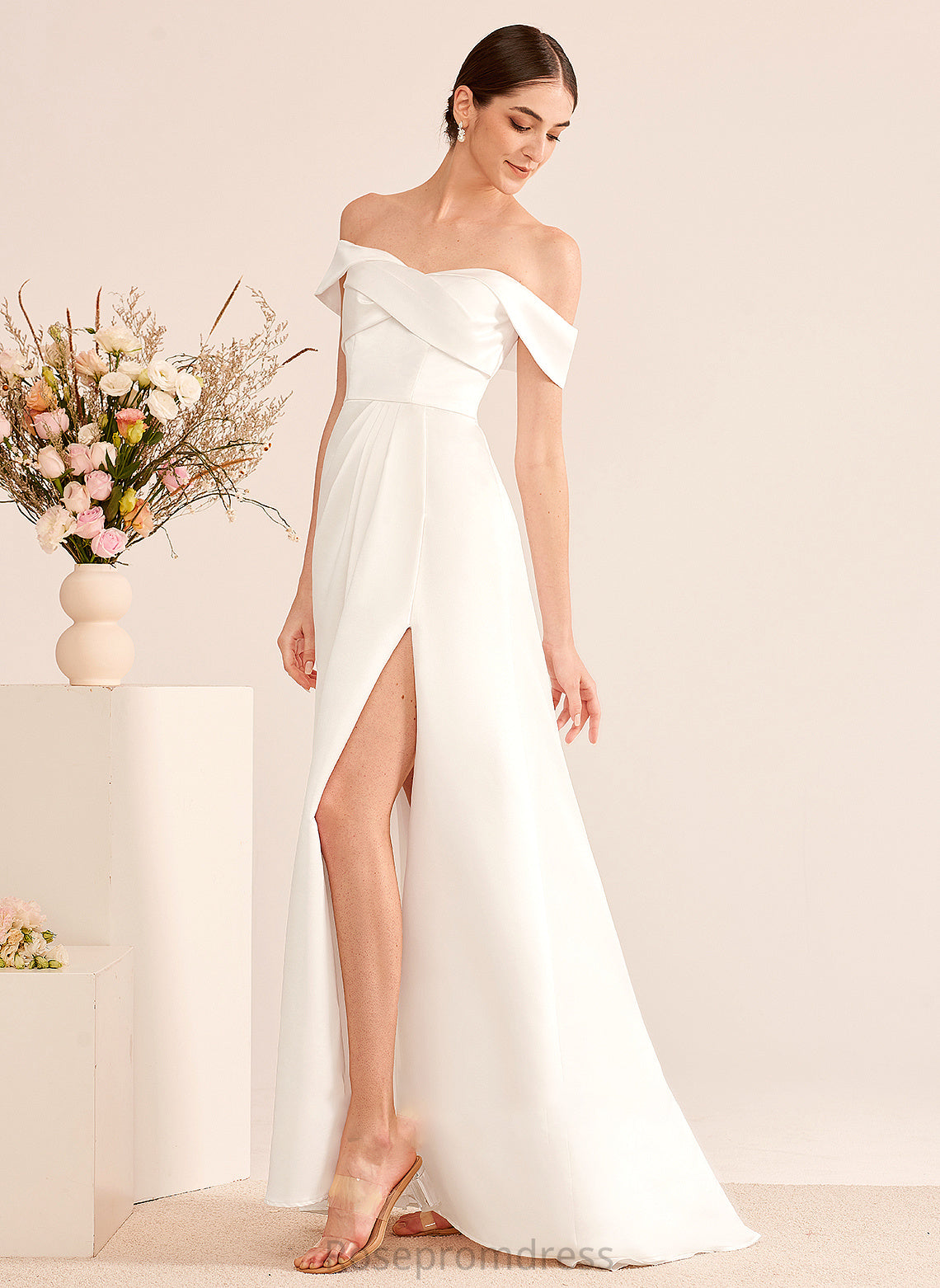 A-Line Off-the-Shoulder Ruffle Dress Wedding Front Split With Sweep Train Wedding Dresses Kyra
