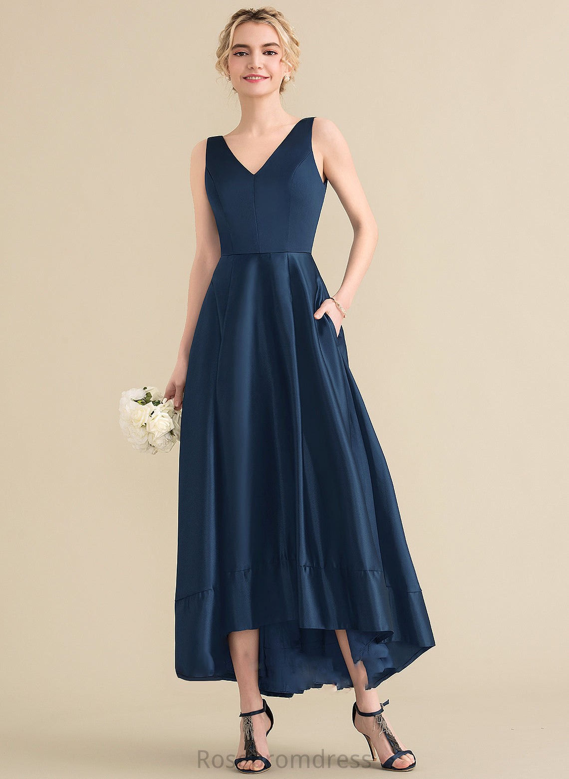 Satin Length Fabric Asymmetrical Embellishment Neckline Pockets Straps V-neck Aspen Bridesmaid Dresses