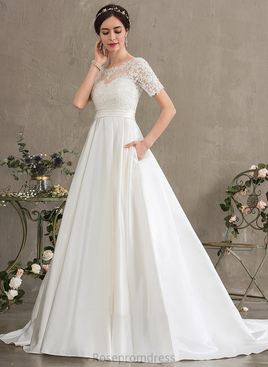 Sequins Court Train Satin Ball-Gown/Princess Pockets Wedding Neck Dress Wedding Dresses Beading Scoop With Isla