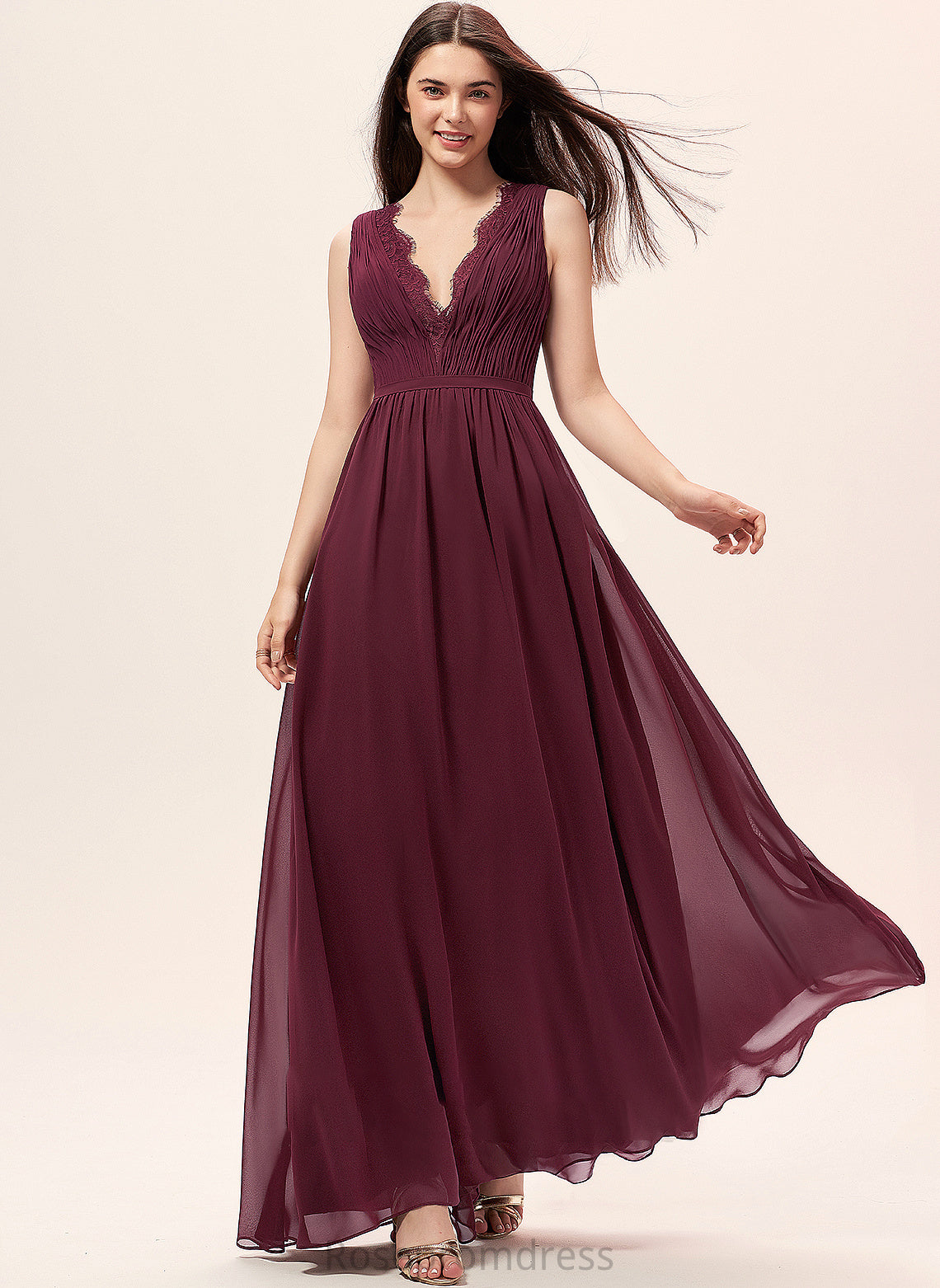 Lace Floor-Length Silhouette Neckline Embellishment Length Fabric Ruffle V-neck A-Line Emmy Bridesmaid Dresses