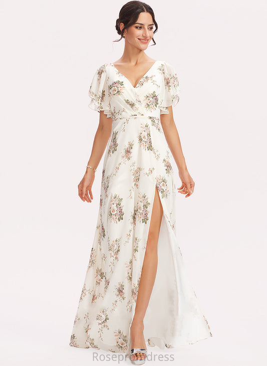 Flower(s) Floor-Length Neckline Length Embellishment A-Line Fabric SplitFront Silhouette V-neck Rylee Natural Waist Bridesmaid Dresses