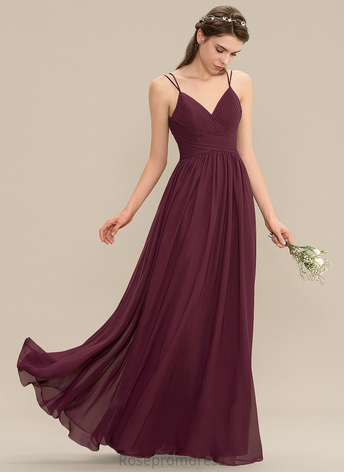 Fabric Silhouette Floor-Length Ruffle V-neck Embellishment Neckline A-Line Length Makenna Bridesmaid Dresses