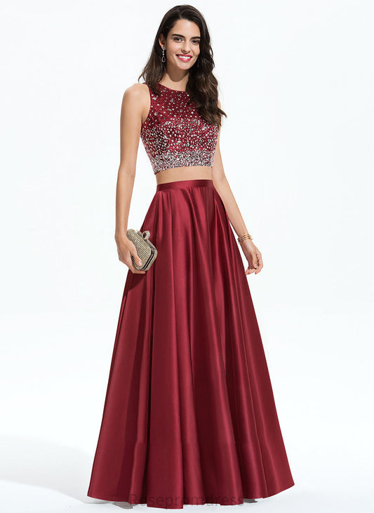 Sequins Sariah Scoop Neck Satin Beading A-Line Floor-Length With Prom Dresses