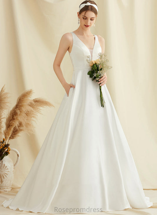 Nicole With Lace Wedding Dresses Pockets Dress Train V-neck Satin Wedding Ball-Gown/Princess Sweep