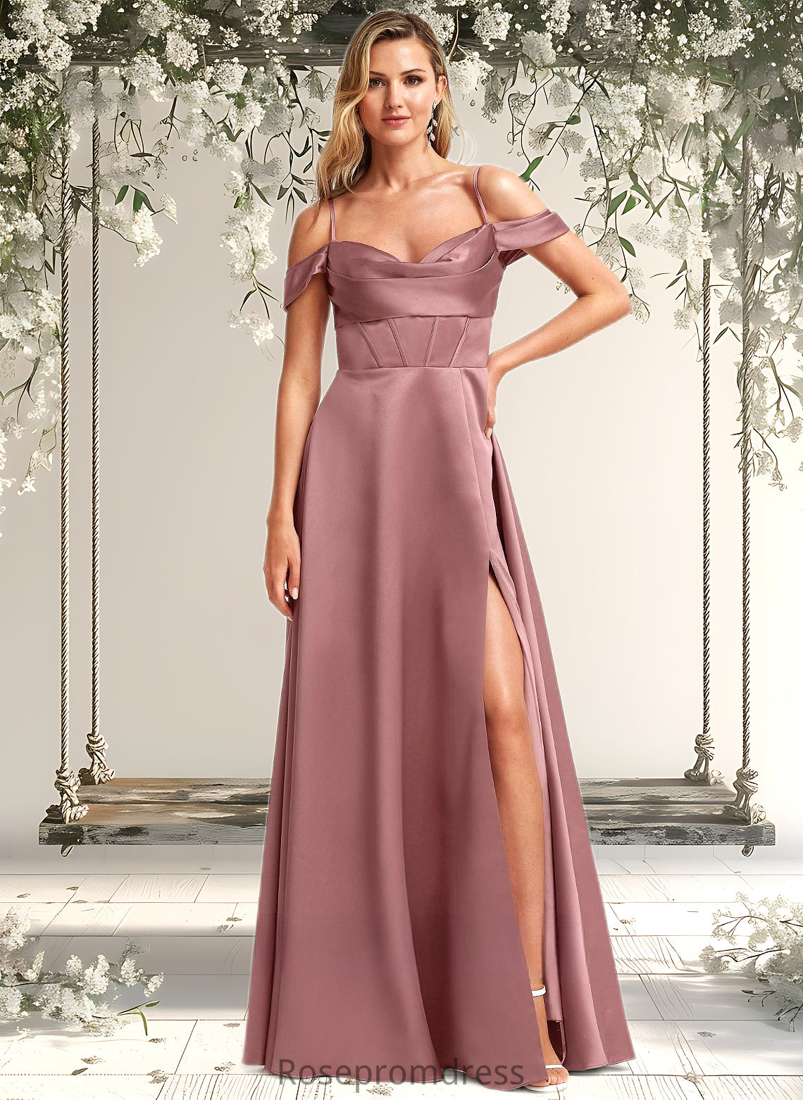 Jayden A-line Cold Shoulder Floor-Length Satin Bridesmaid Dress DSP0025750