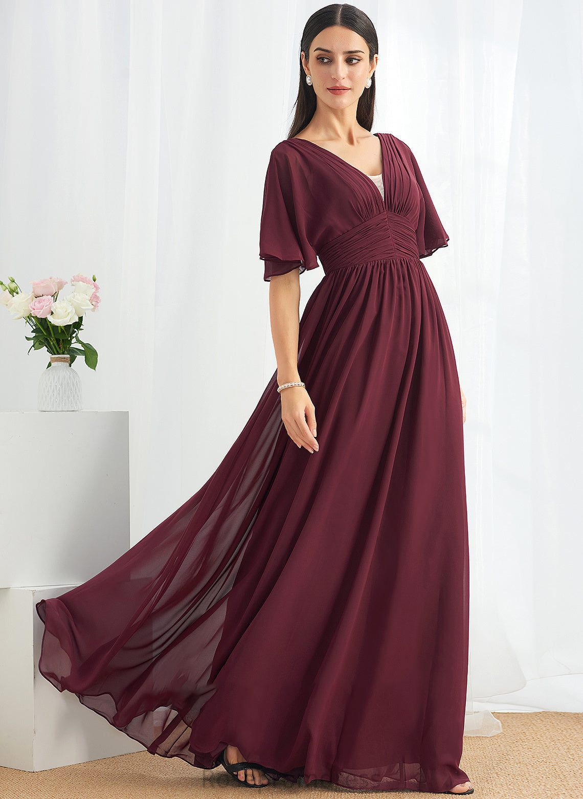 Floor-Length Neckline Embellishment Fabric V-neck Ruffle Silhouette A-Line Length Ximena Sleeveless Natural Waist Bridesmaid Dresses