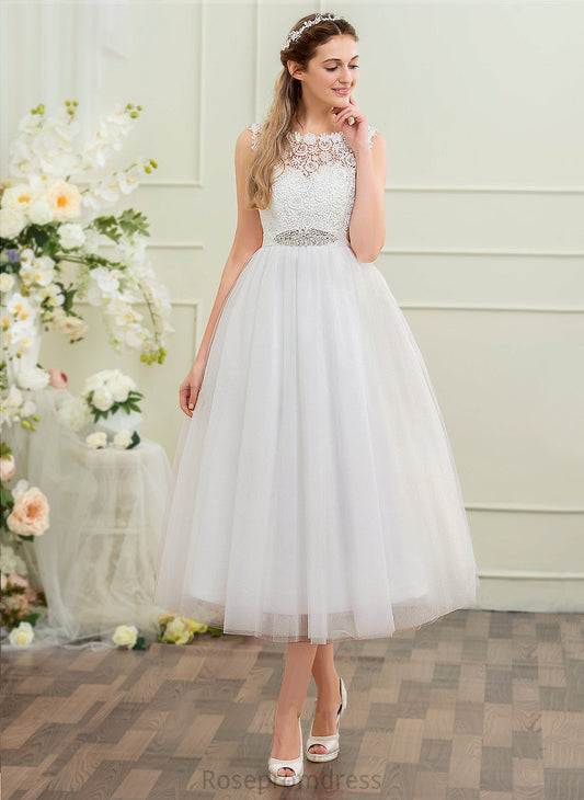 Beading Tea-Length Ball-Gown/Princess Neck Sequins Scoop Wedding Tulle Dress Wedding Dresses Amanda With