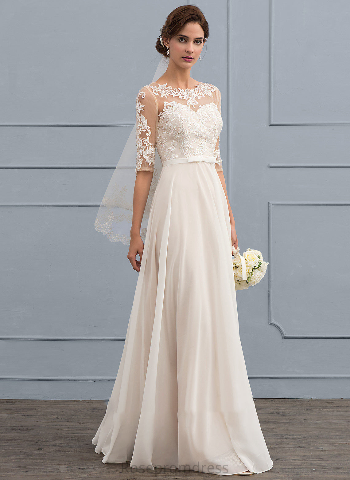 Sequins Carissa Beading Dress Chiffon Bow(s) A-Line Floor-Length Wedding Wedding Dresses Illusion With