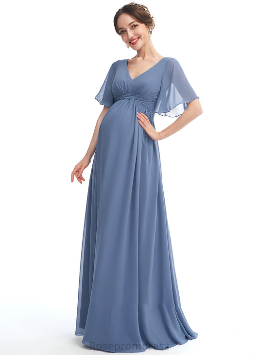 Floor-Length Neckline Embellishment A-Line Ruffle Fabric V-neck Silhouette Length Sarahi Sleeveless A-Line/Princess Bridesmaid Dresses