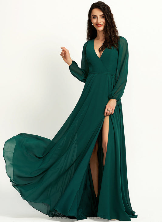 A-Line Floor-Length Fabric SplitFront Neckline Embellishment Silhouette V-neck Length Guadalupe V-Neck A-Line/Princess Bridesmaid Dresses