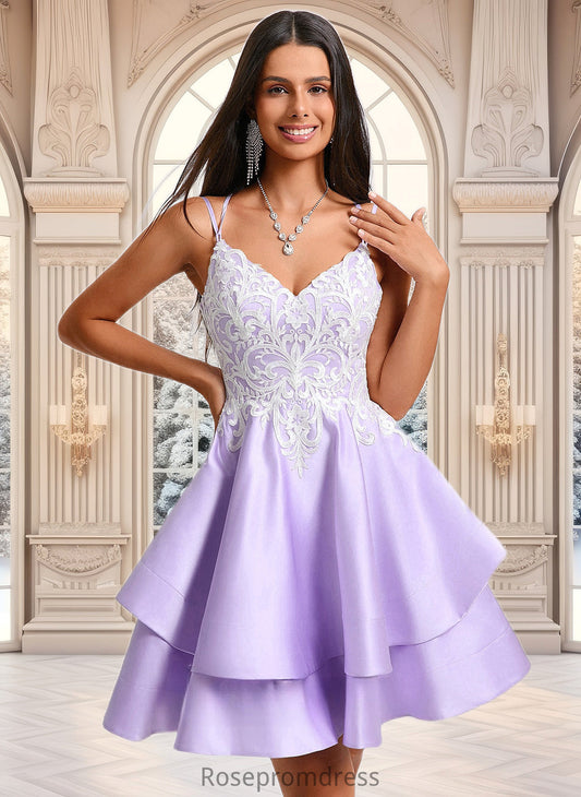 Amaris A-line V-Neck Short Satin Homecoming Dress With Appliques Lace DSP0025696