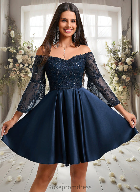 Nyasia A-line Off the Shoulder Short Satin Homecoming Dress With Sequins DSP0025651
