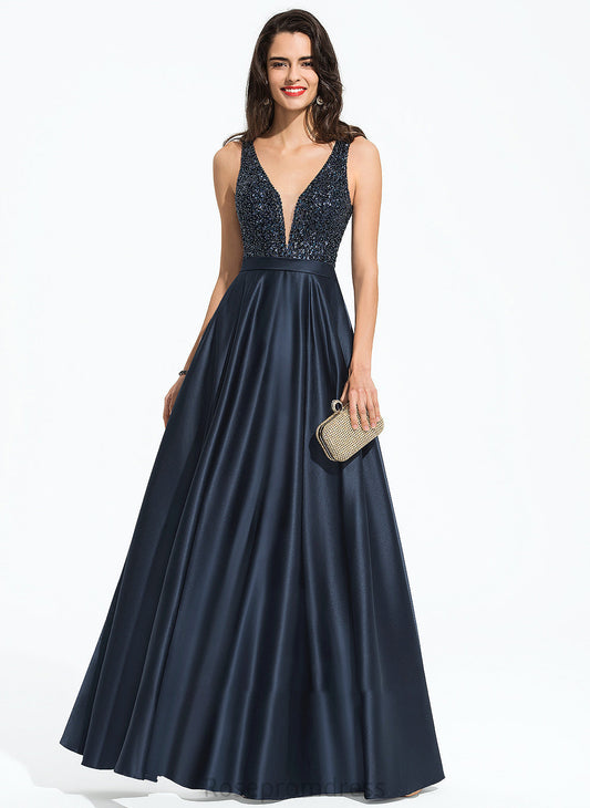 Sequins Beading Satin Viv Prom Dresses V-neck A-Line Floor-Length With
