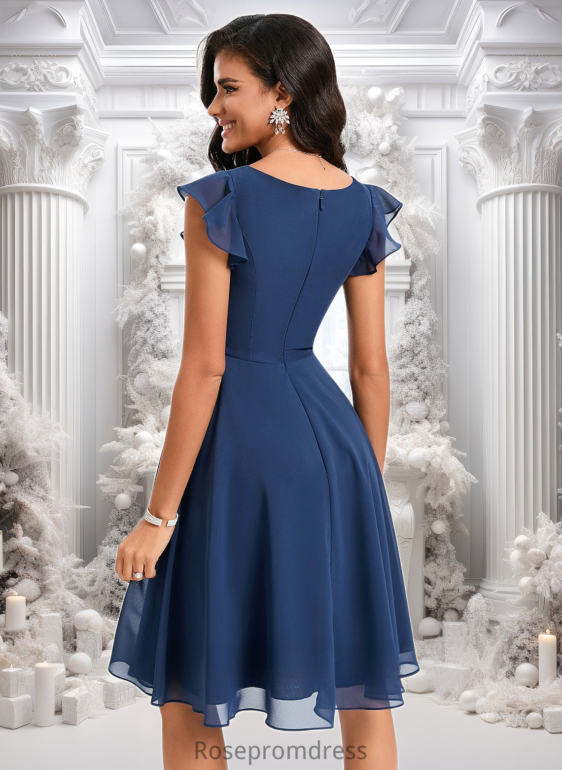 Yazmin A-line V-Neck Knee-Length Chiffon Homecoming Dress With Ruffle DSP0025684