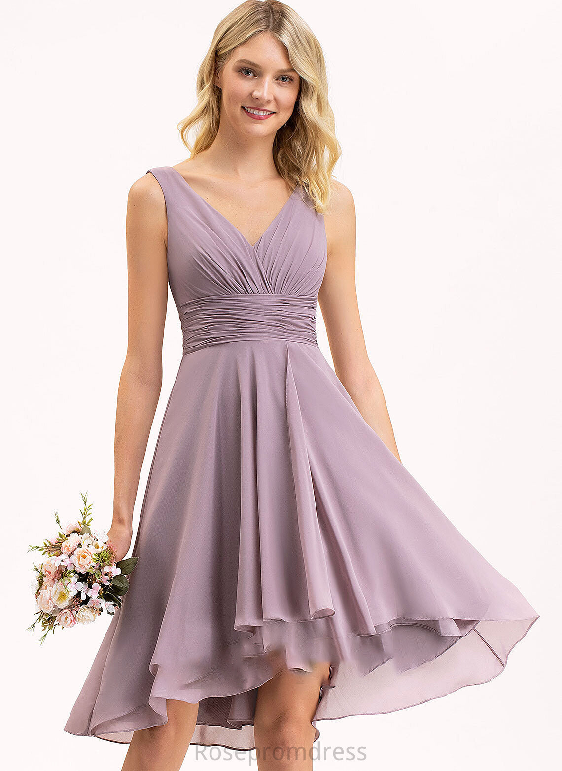 Neckline V-neck Silhouette Length Fabric Embellishment A-Line Ruffle Asymmetrical Mavis Bridesmaid Dresses