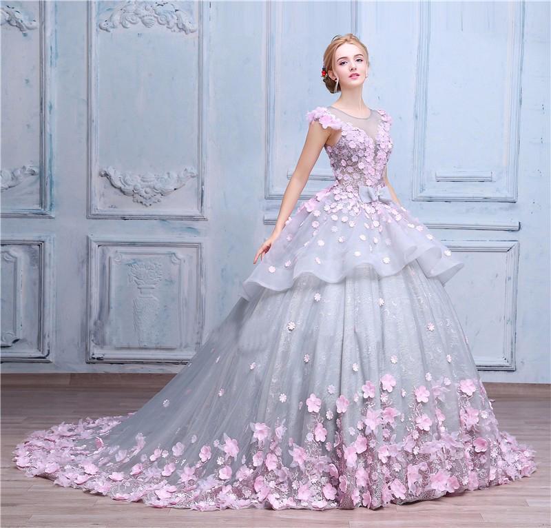 Scoop Ball Gown Gray Tulle Sleeveless Bowknot Empire Waist Wedding Dress with Pink Flowers RS576