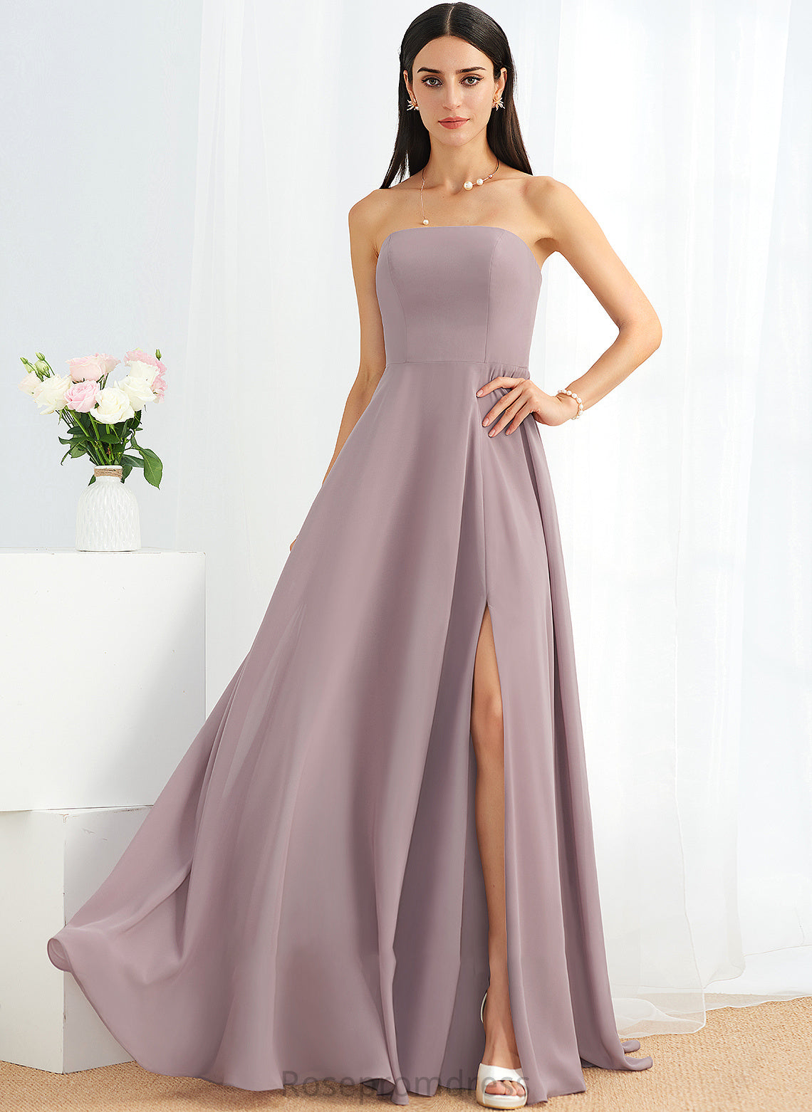 Fabric A-Line Floor-Length Strapless SplitFront Neckline Embellishment Length Silhouette Shaylee Sleeveless A-Line/Princess Bridesmaid Dresses