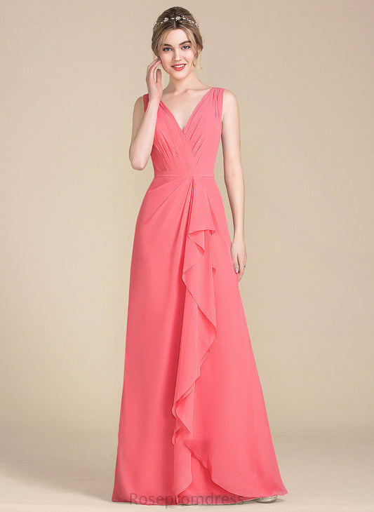 Floor-Length Neckline Embellishment V-neck Silhouette Length Fabric CascadingRuffles A-Line Chloe Natural Waist A-Line/Princess Bridesmaid Dresses