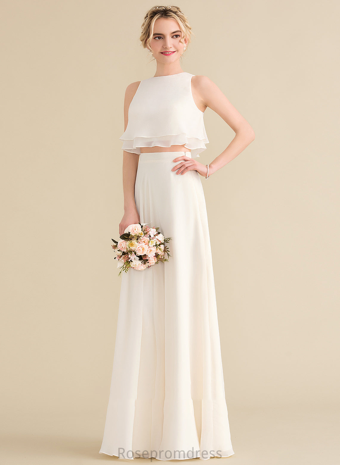 CascadingRuffles Neckline ScoopNeck Floor-Length Fabric Length Silhouette Embellishment A-Line Miya Natural Waist V-Neck Bridesmaid Dresses