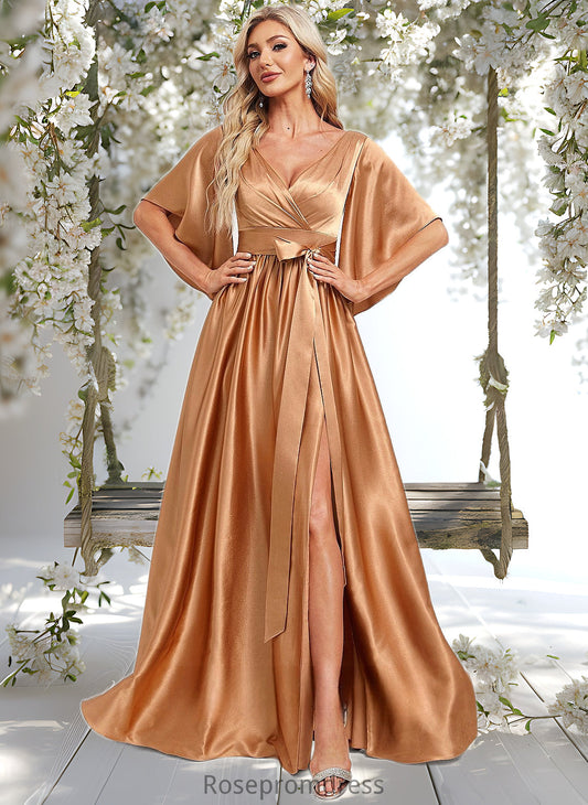 Addyson A-line V-Neck Floor-Length Stretch Satin Bridesmaid Dress DSP0025793