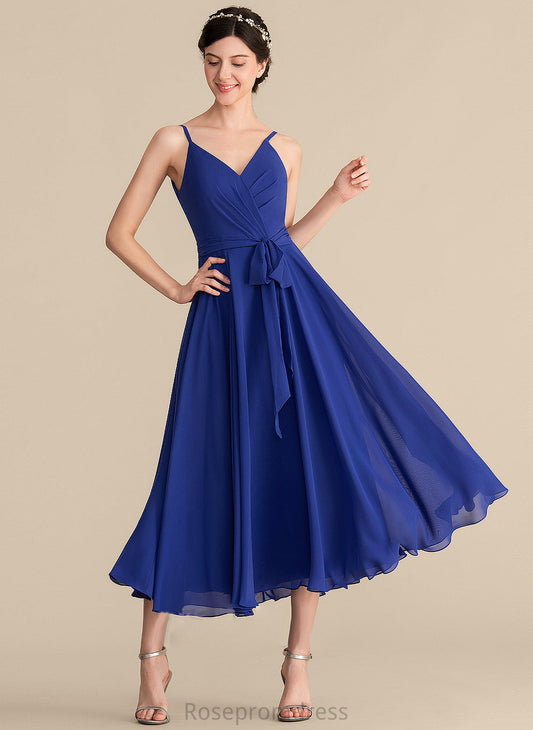 Fabric Length Embellishment Ruffle A-Line Tea-Length Bow(s) Neckline Silhouette V-neck Alena A-Line/Princess Bridesmaid Dresses