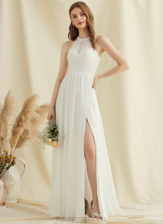 Floor-Length A-Line Lace Front Dress Chiffon Neck Scoop With Wedding Wedding Dresses Split Minnie