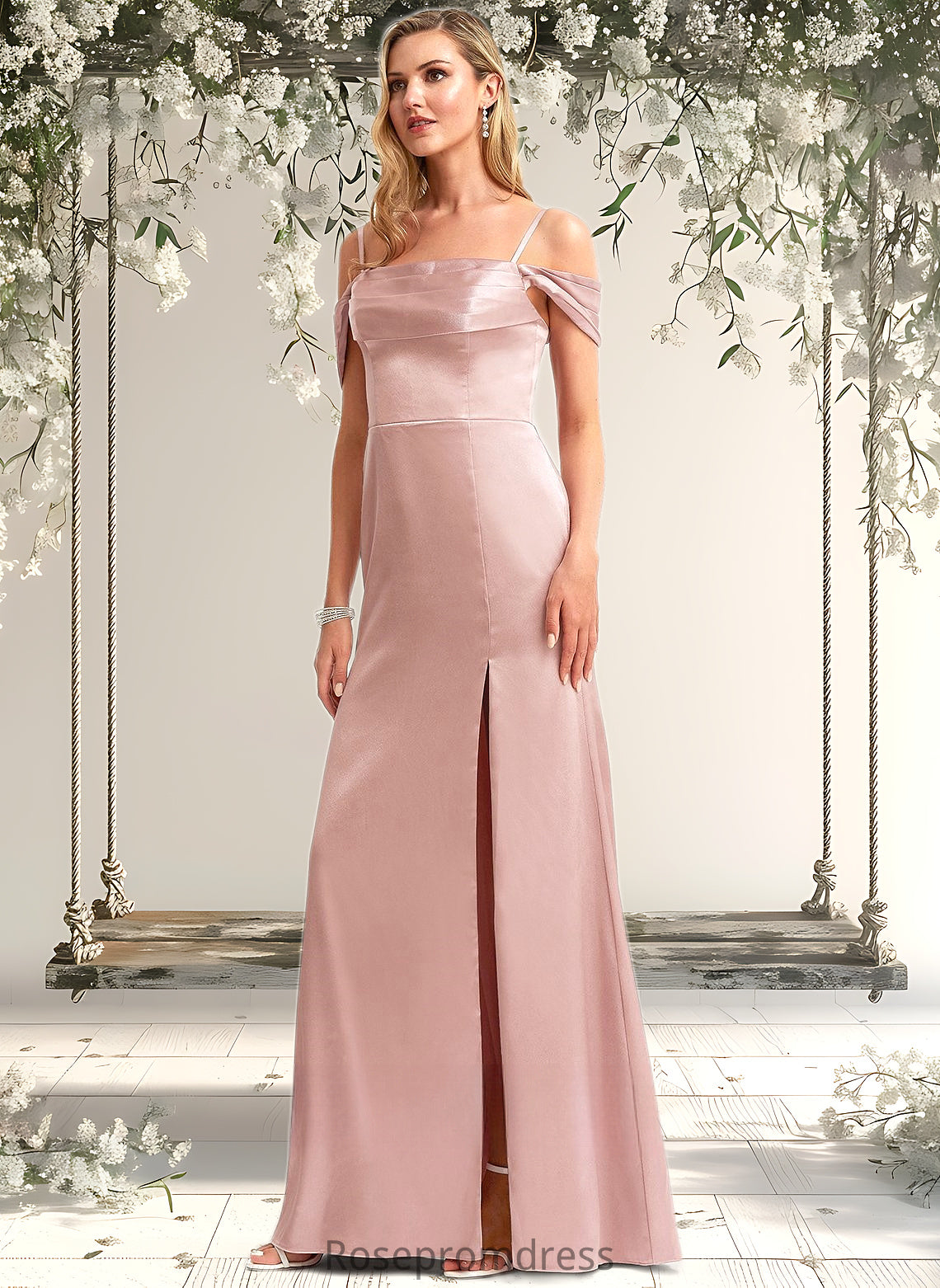 Cornelia A-line Cold Shoulder Floor-Length Stretch Satin Bridesmaid Dress DSP0025747