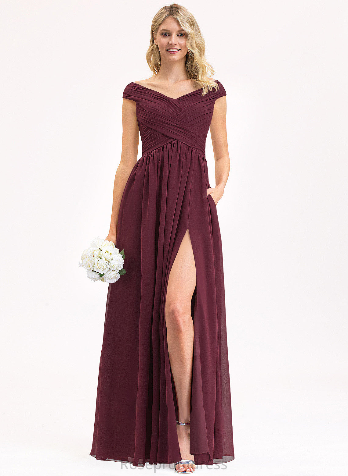 Neckline Off-the-Shoulder Silhouette Fabric Pockets Embellishment Length Floor-Length SplitFront A-Line Ruffle Sara Bridesmaid Dresses
