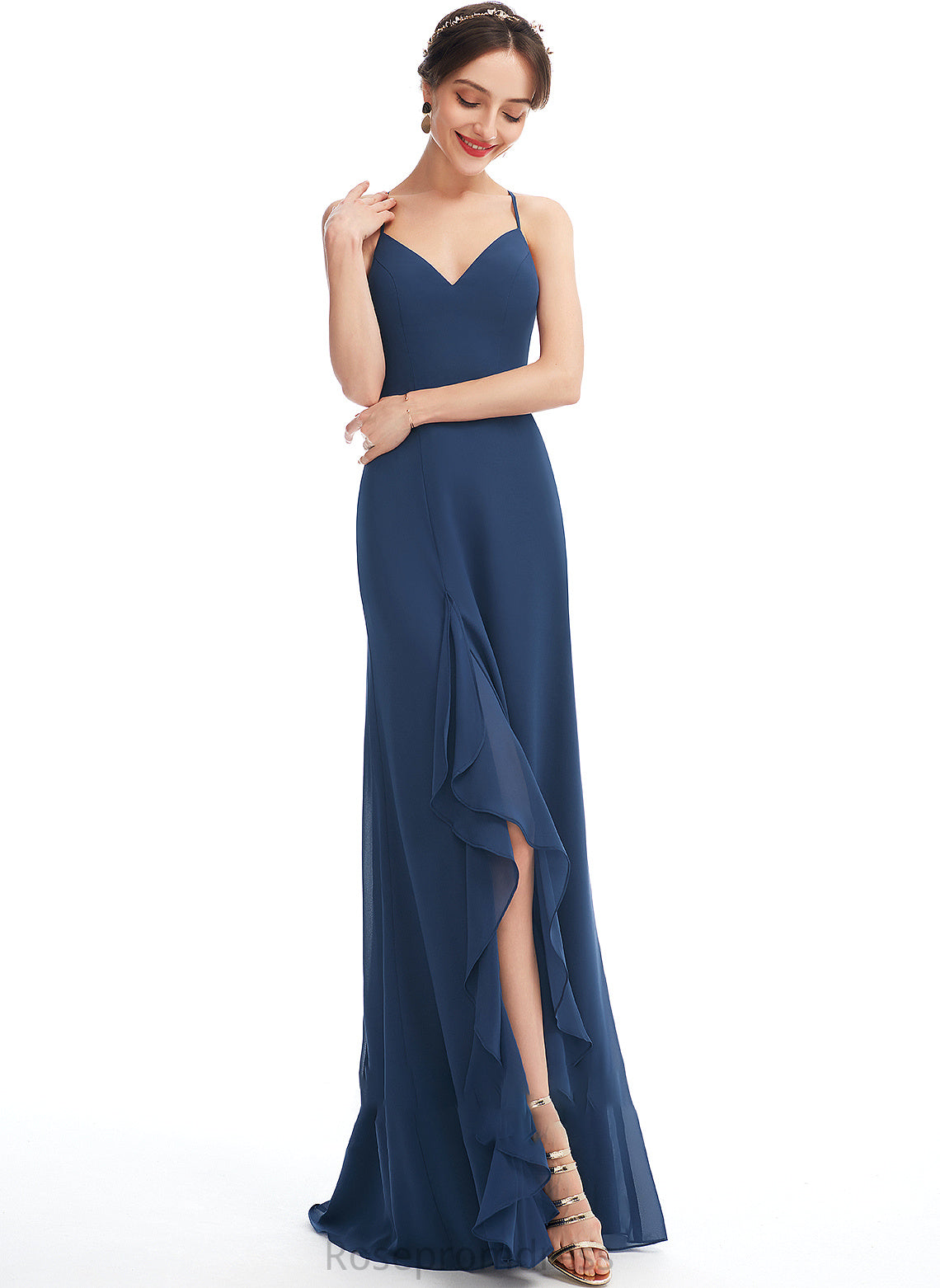 Fabric Silhouette A-Line V-neck SplitFront Length Neckline Ruffle Embellishment Floor-Length Lilianna Sleeveless Bridesmaid Dresses