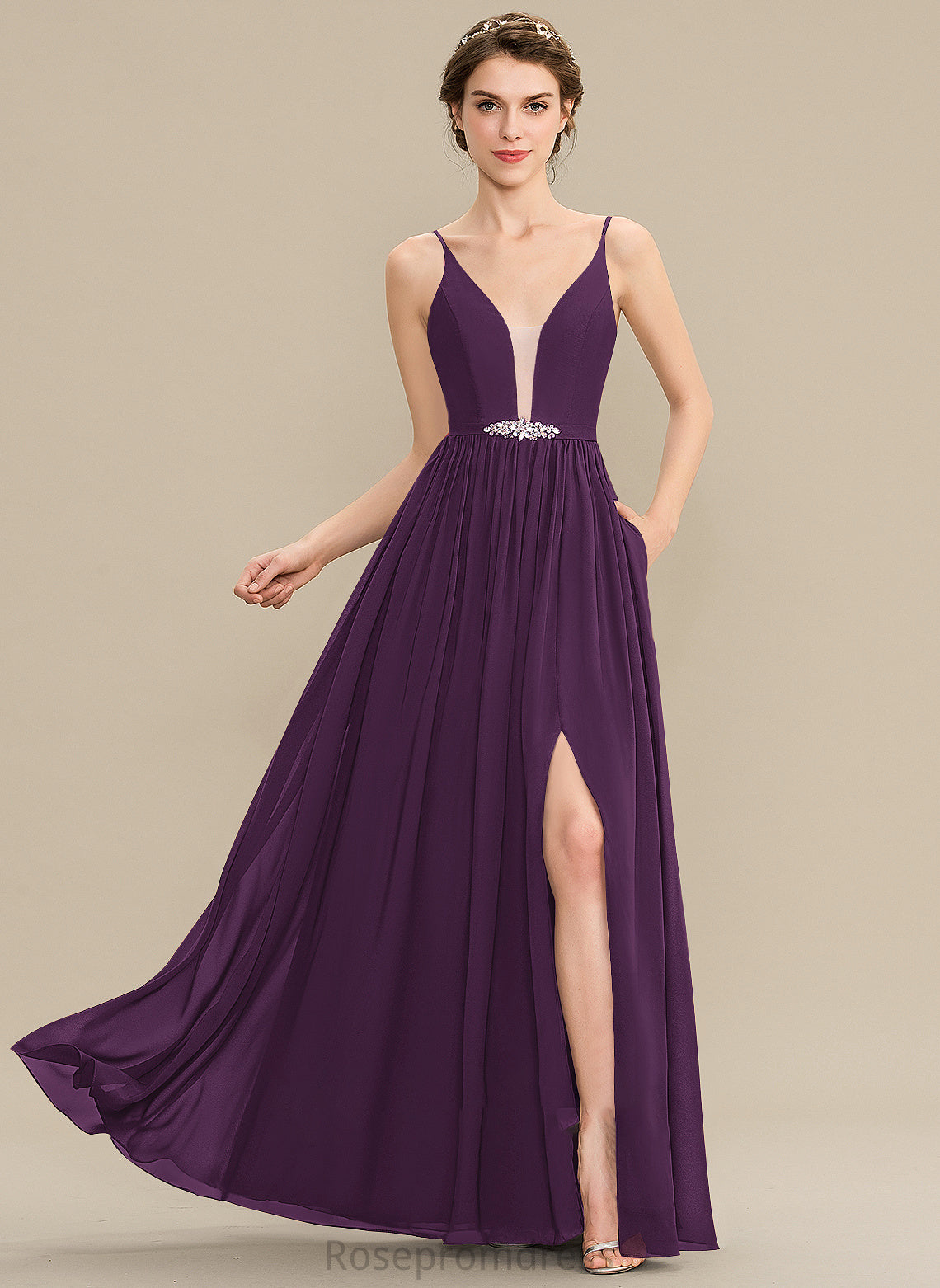 Silhouette Fabric Beading Floor-Length V-neck Length Sequins Pockets Neckline Embellishment A-Line SplitFront Bridesmaid Dresses