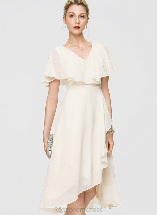 A-Line Ruffles Asymmetrical Wedding Dress Joyce Chiffon With Wedding Dresses Bow(s) Cascading V-neck