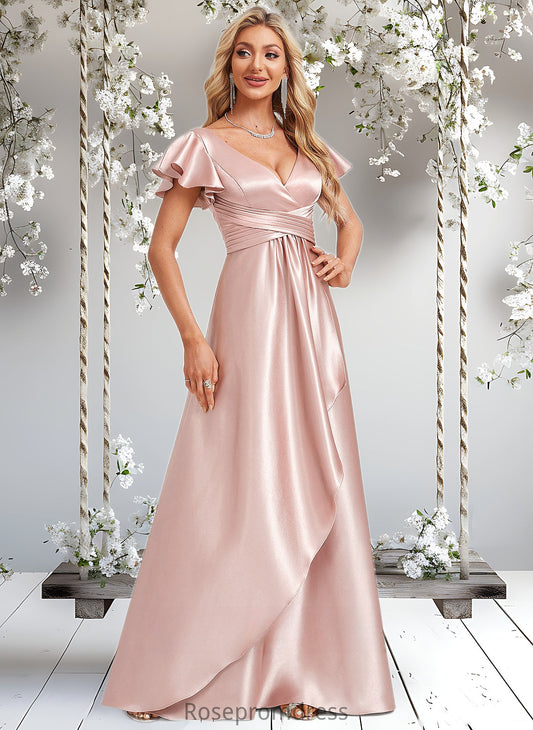 Makenna A-line V-Neck Floor-Length Stretch Satin Bridesmaid Dress With Ruffle DSP0025787