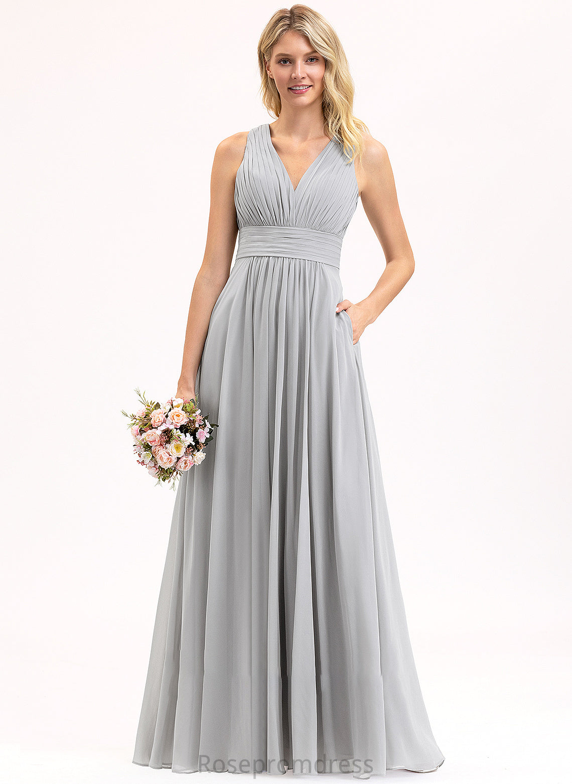 Fabric Length Neckline A-Line Bow(s) V-neck Floor-Length Pockets Silhouette Ruffle Embellishment Gianna Bridesmaid Dresses