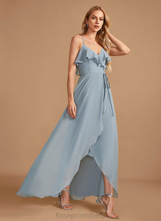 Fabric Ruffle Neckline Asymmetrical Embellishment A-Line Length V-neck Silhouette Katie Sheath/Column Floor Length Bridesmaid Dresses