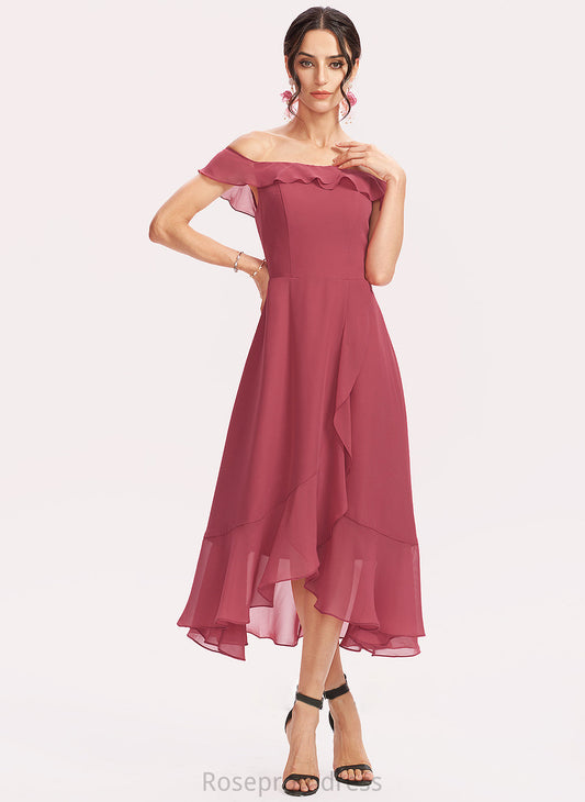 CascadingRuffles Silhouette Length Embellishment A-Line Neckline Fabric Off-the-Shoulder Tea-Length Sibyl Bridesmaid Dresses