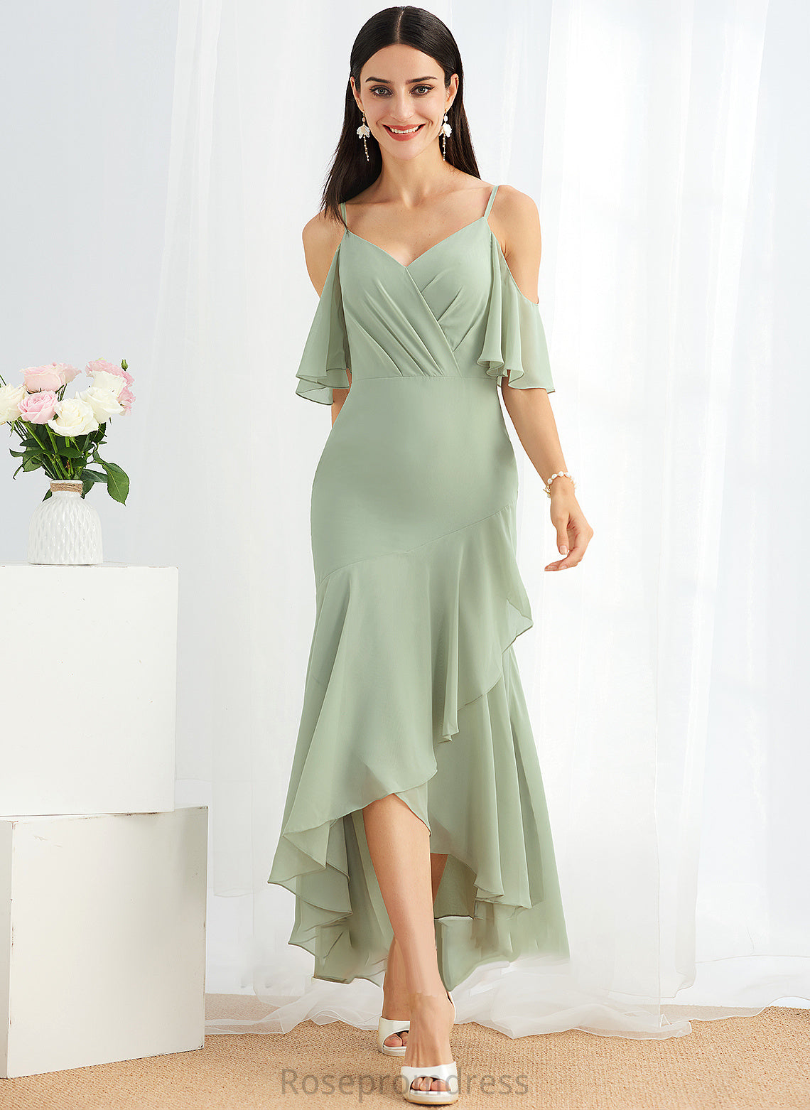 Embellishment Silhouette Length Trumpet/Mermaid Fabric V-neck Neckline Asymmetrical Ruffle Elianna Floor Length Sleeveless Bridesmaid Dresses