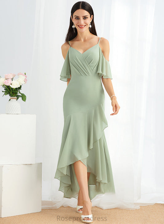 Embellishment Silhouette Length Trumpet/Mermaid Fabric V-neck Neckline Asymmetrical Ruffle Elianna Floor Length Sleeveless Bridesmaid Dresses