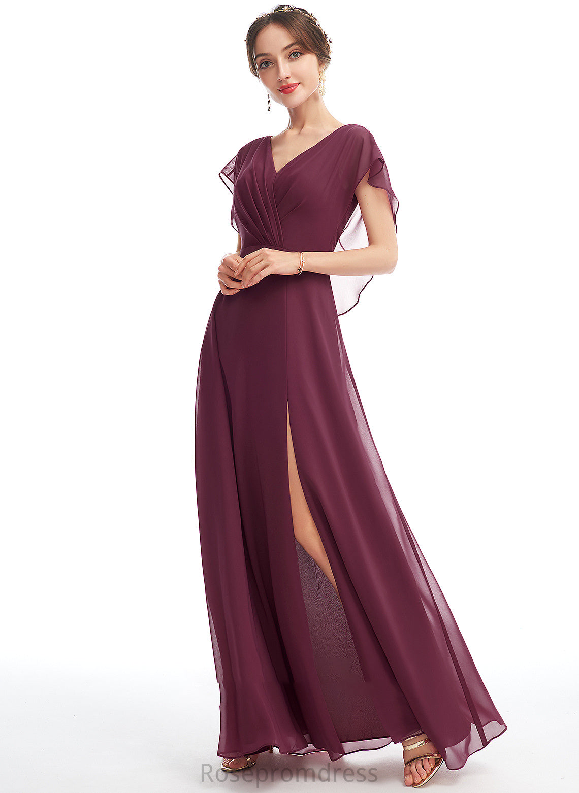 V-neck Neckline Silhouette Fabric Length A-Line Ruffle SplitFront Floor-Length Embellishment Marlie Bridesmaid Dresses