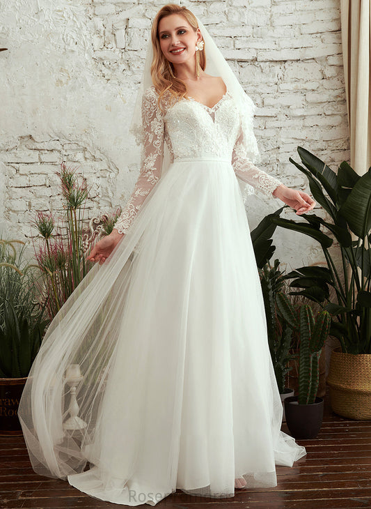Sequins With Train Dress Beading Wedding Dresses A-Line Wedding Natalee Sweep V-neck