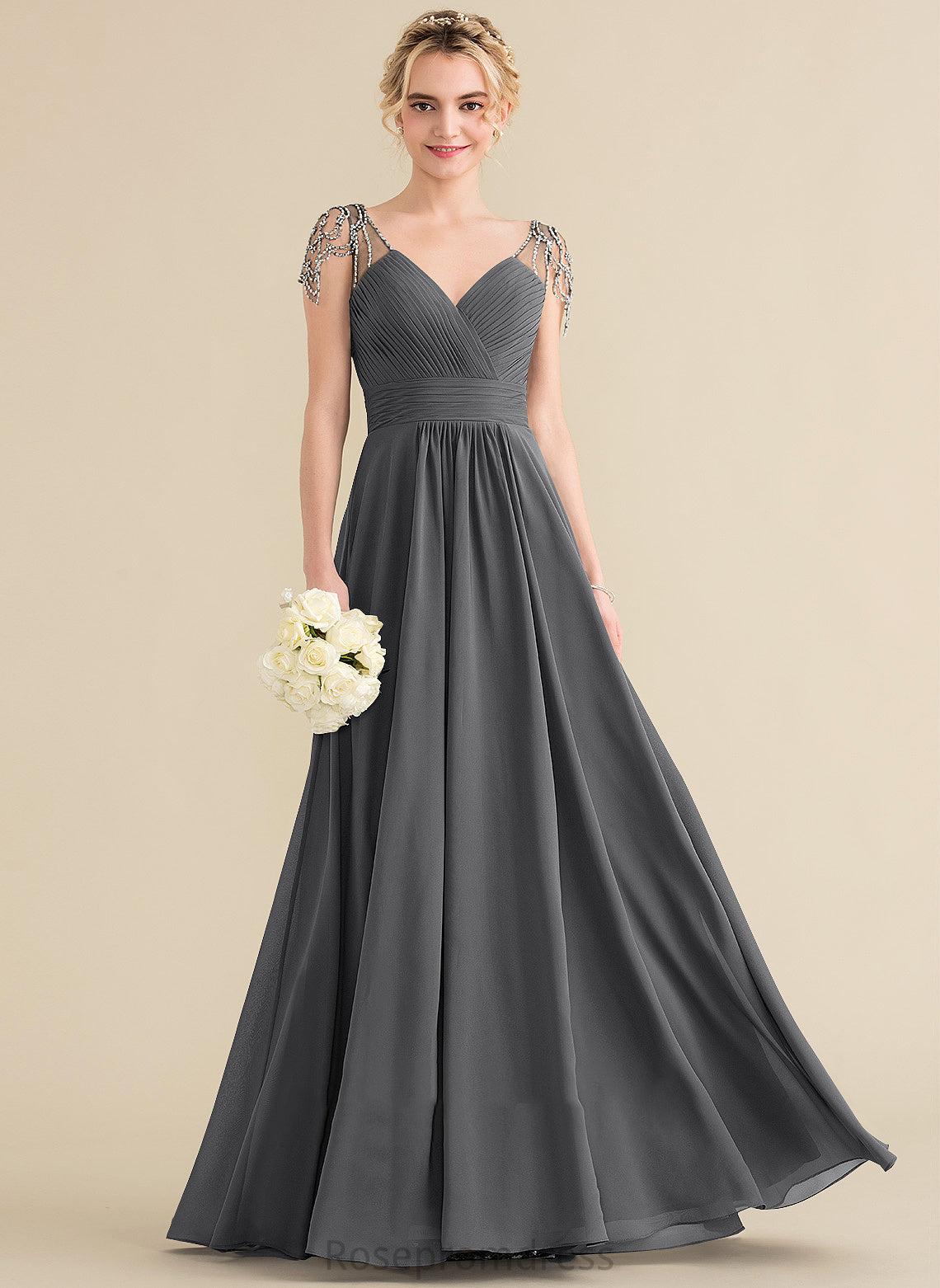 Beading Fabric Embellishment Neckline Silhouette Ruffle Floor-Length Sequins A-Line V-neck Length Aliya Bridesmaid Dresses