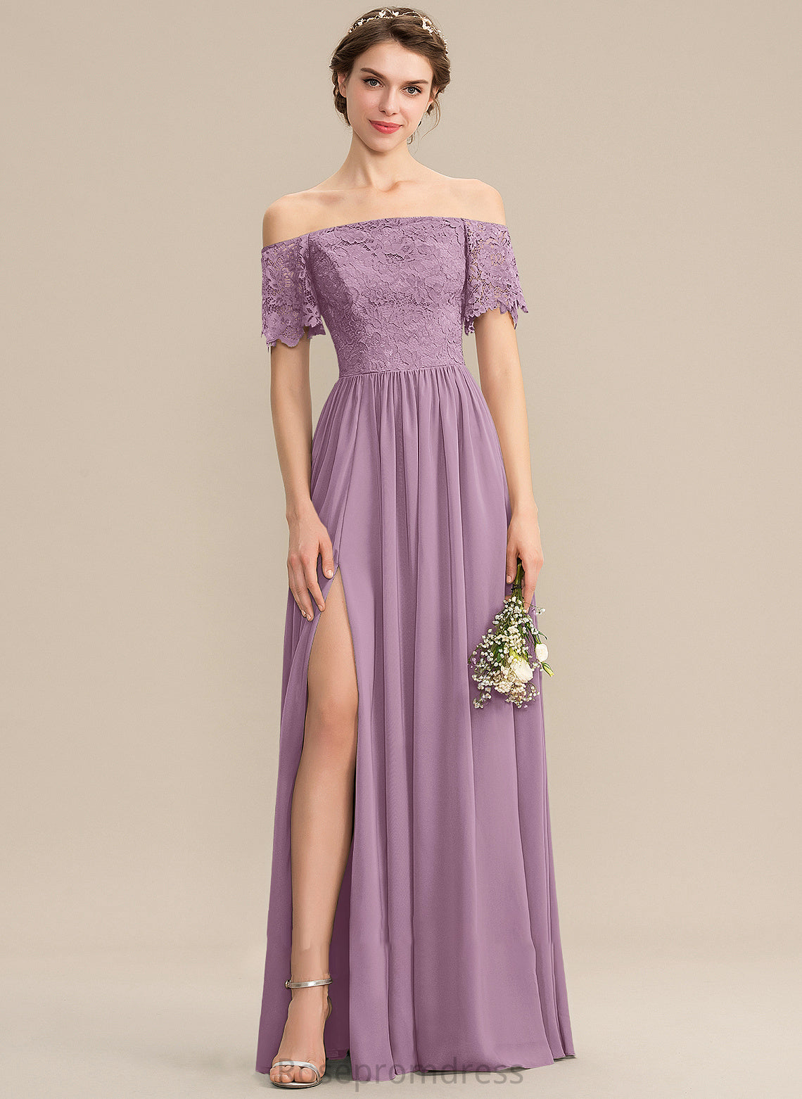Neckline Length Fabric Off-the-Shoulder A-Line SplitFront Embellishment Silhouette Floor-Length Kiera Bridesmaid Dresses