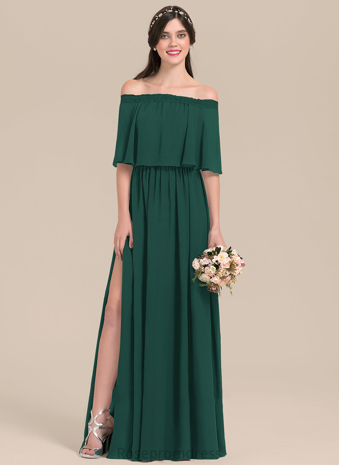 Fabric Silhouette Length Neckline Embellishment Off-the-Shoulder SplitFront A-Line Floor-Length Haley High Low Natural Waist Bridesmaid Dresses
